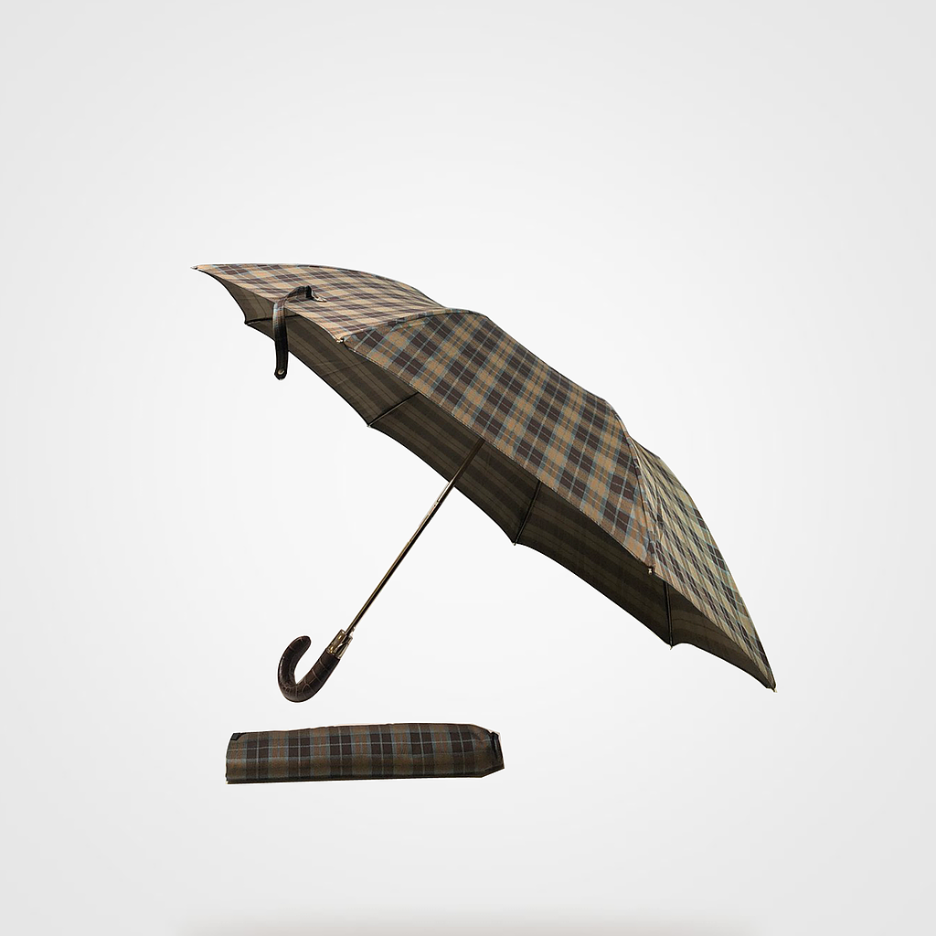Pasotti (Brown Check Umbrella, Leather Handle)